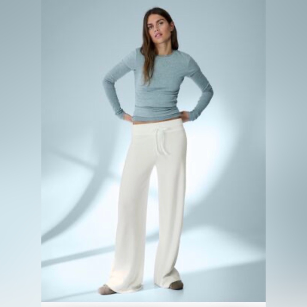 Bershka Ribbed Cream Wide-Leg Pants